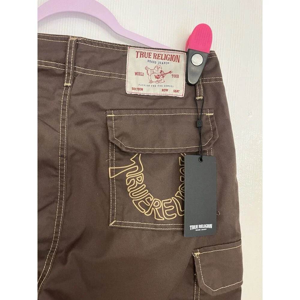 True Religion mens   Brown Canvas Cargo Pants Straight Leg Button Zip Pockets